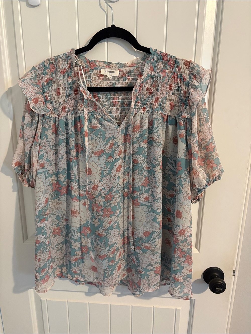 Umgee Floral Smocked Yoke Blouse in Light Blue and Coral
